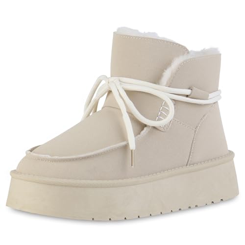 VAN HILL Damen Winter Boots Plateau Profilsohle Bequem Schuhe 216455 Beige 40 von VAN HILL