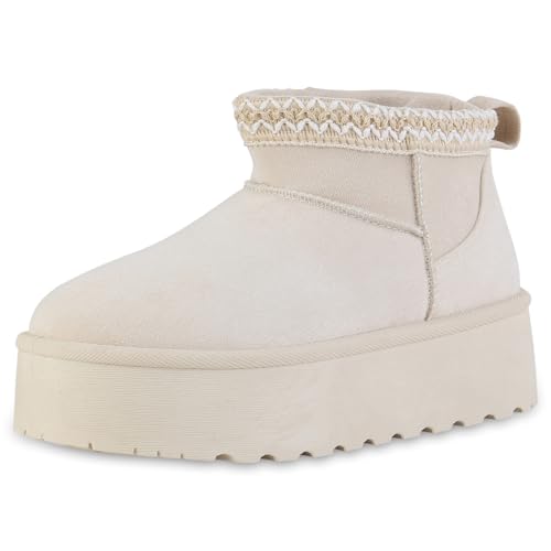VAN HILL Damen Winter Boots Plateau Stickereien Bequem Schuhe 216412 Beige 40 von VAN HILL
