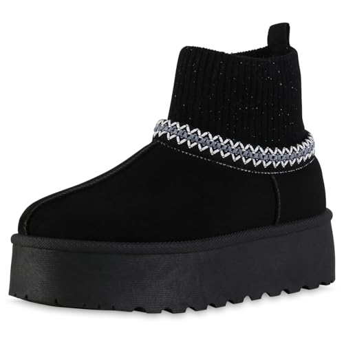 VAN HILL Damen Winter Boots Plateau Strick Bequem Schuhe 217787 Schwarz 39 von VAN HILL