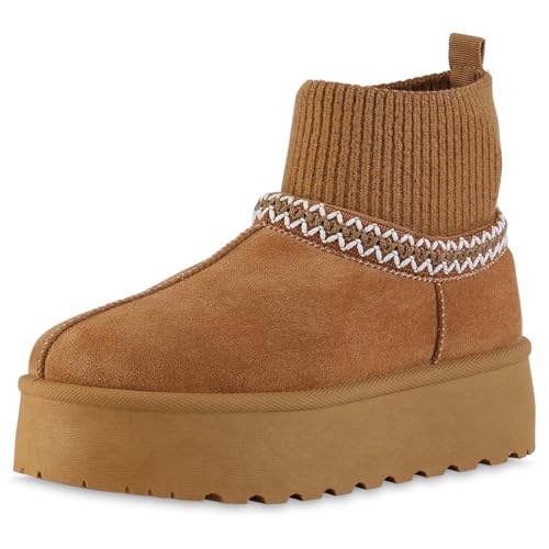 VAN HILL Damen Winter Boots Plateau Strick Bequem Schuhe 217790 Hellbraun 39 von VAN HILL