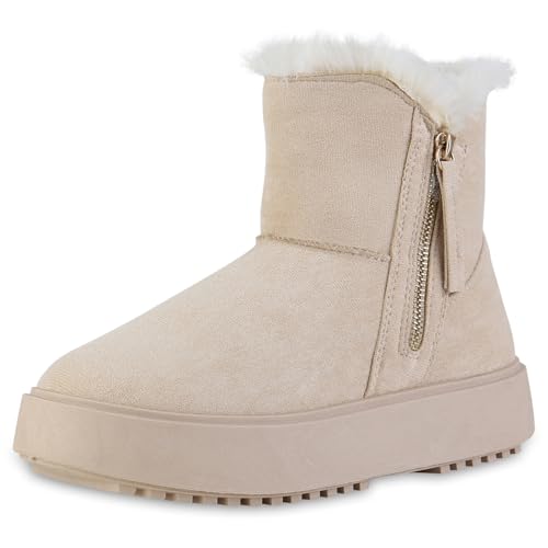 VAN HILL Damen Winter Boots Plateau Zipper Bequem Schuhe 216407 Beige 38 von VAN HILL