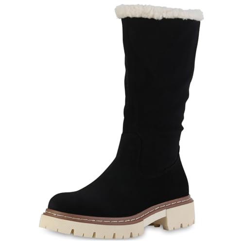 VAN HILL Damen Winterstiefel Blockabsatz Kunstfell Bequem Schuhe 213749 Schwarz 38 von VAN HILL