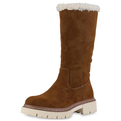 VAN HILL Damen Winterstiefel Blockabsatz Kunstfell Bequem Schuhe 213750 Hellbraun 41 von VAN HILL
