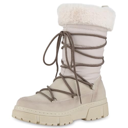 VAN HILL Damen Winterstiefel Blockabsatz Kunstfell Bequem Schuhe 213992 Beige 38 von VAN HILL