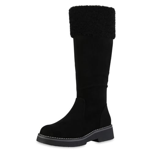 VAN HILL Damen Winterstiefel Blockabsatz Kunstfell Bequem Schuhe 216078 Schwarz 38 von VAN HILL
