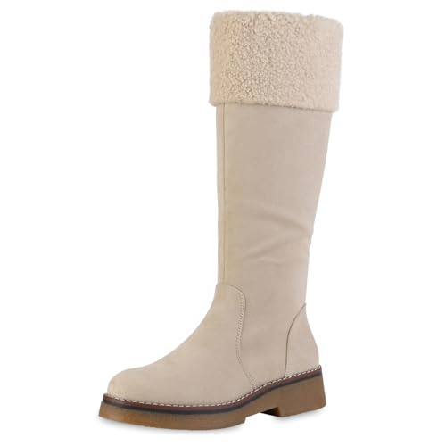 VAN HILL Damen Winterstiefel Blockabsatz Kunstfell Bequem Schuhe 216079 Beige 41 von VAN HILL