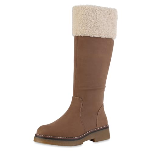 VAN HILL Damen Winterstiefel Blockabsatz Kunstfell Bequem Schuhe 216080 Braun 39 von VAN HILL