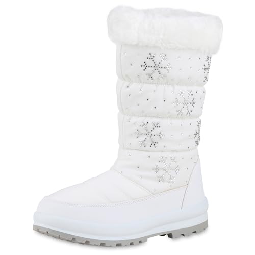 VAN HILL Damen Winterstiefel Blockabsatz Strass Bequem Schuhe 214122 Weiss 39 von VAN HILL