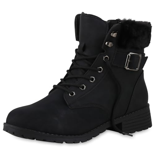 VAN HILL Damen Worker Boots Blockabsatz Kunstfell Bequem Schuhe 213714 Schwarz 36 von VAN HILL