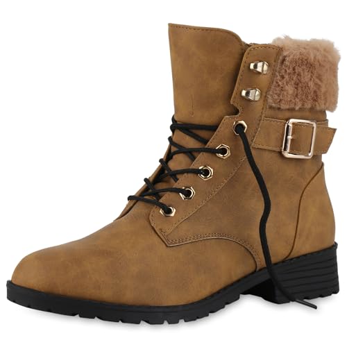 VAN HILL Damen Worker Boots Blockabsatz Kunstfell Bequem Schuhe 213715 Hellbraun 38 von VAN HILL