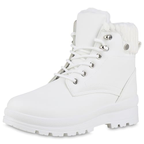 VAN HILL Damen Worker Boots Blockabsatz Profilsohle Bequem Schuhe 214079 Weiss 37 von VAN HILL