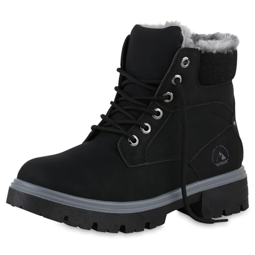 VAN HILL Damen Worker Boots Blockabsatz Strick Bequem Schuhe 216313 Schwarz 39 von VAN HILL