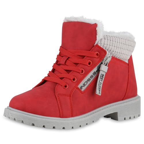 VAN HILL Damen Worker Boots Blockabsatz Zipper Bequem Schuhe 216501 Rot 39 von VAN HILL