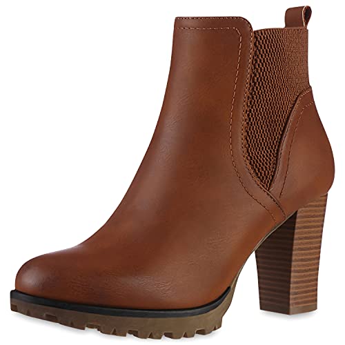 VAN HILL Gefütterte Chelsea Boots Damen Block Absatz Stiefeletten 185732 Hellbraun 37 von VAN HILL