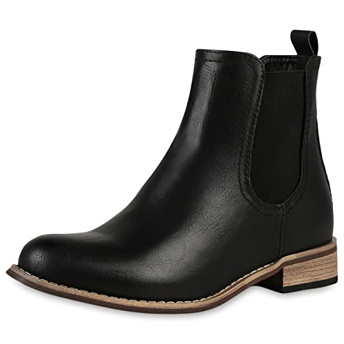 VAN HILL Gefütterte Damen Chelsea Boots Leder-Optik Stiefeletten 150451 Schwarz 38 von VAN HILL