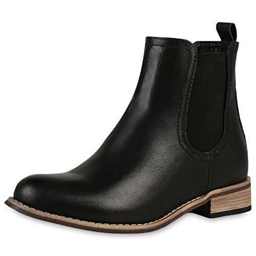 VAN HILL Gefütterte Damen Chelsea Boots Leder-Optik Stiefeletten 150451 Schwarz 39 von VAN HILL
