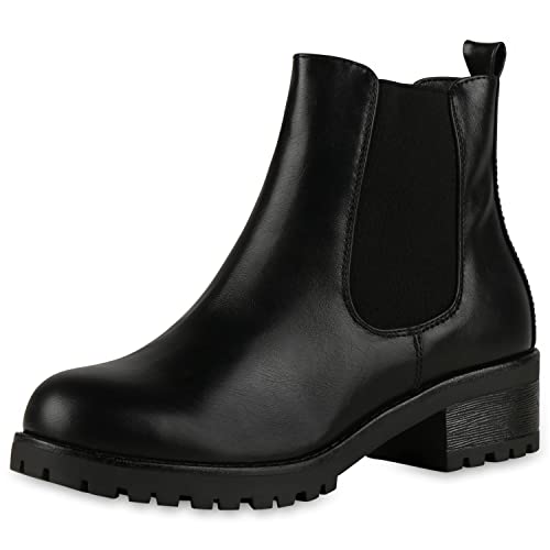 VAN HILL Gefütterte Damen Chelsea Boots Plateau Stiefeletten Profilsohle 150512 Schwarz Total Black 40 von VAN HILL