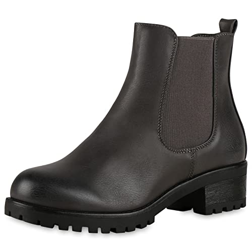 VAN HILL Gefütterte Damen Chelsea Boots Plateau Stiefeletten Profilsohle 150513 Grau Schwarz 42 von VAN HILL