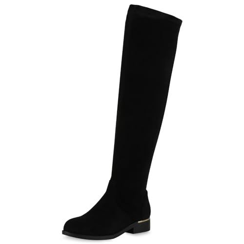 VAN HILL Gefütterte Damen Overknees Metallic Winter Stiefel Leder-Optik 611529 Schwarz 37 von VAN HILL