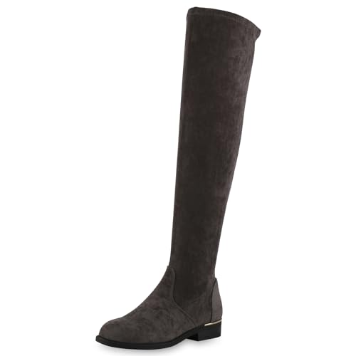 VAN HILL Gefütterte Damen Overknees Metallic Winter Stiefel Leder-Optik 611530 Grau 37 von VAN HILL