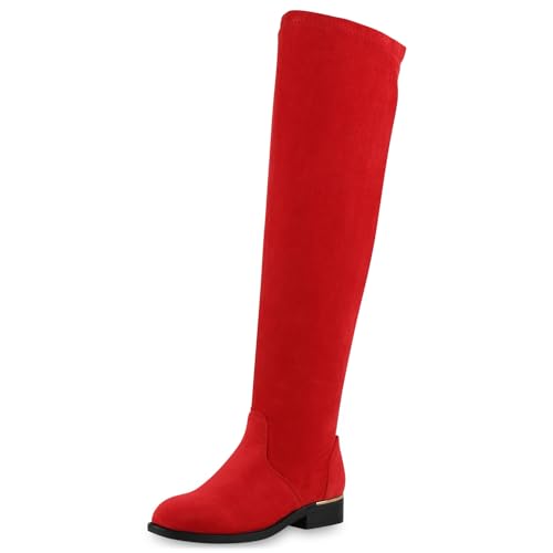 VAN HILL Gefütterte Damen Overknees Metallic Winter Stiefel Leder-Optik 611531 Rot 37 von VAN HILL