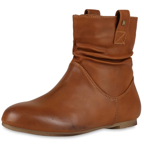 VAN HILL Gefütterte Damen Schlupfstiefel Nieten Stiefeletten Leder-Optik 610458 Hellbraun 37 von VAN HILL