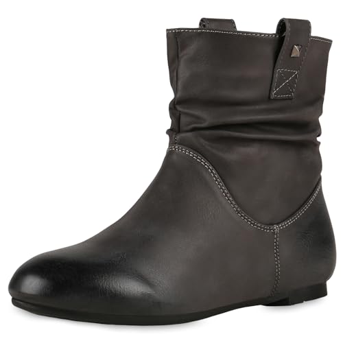 VAN HILL Gefütterte Damen Schlupfstiefel Nieten Stiefeletten Leder-Optik 610459 Grau 37 von VAN HILL