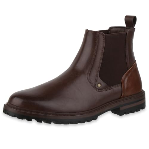 VAN HILL Herren Chelsea Boots Blockabsatz Profilsohle Klassisch Schuhe 217824 Dunkelbraun 43 von VAN HILL