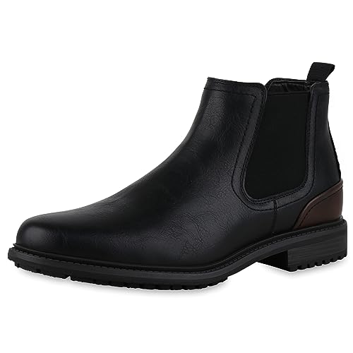 VAN HILL Herren Chelsea Boots Blockabsatz Profilsohle Klassisch Schuhe 840528 213061 Schwarz Dunkelbraun 42 von VAN HILL