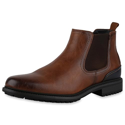 VAN HILL Herren Chelsea Boots Blockabsatz Profilsohle Klassisch Schuhe 840528 213062 Hellbraun Dunkelblau 41 von VAN HILL