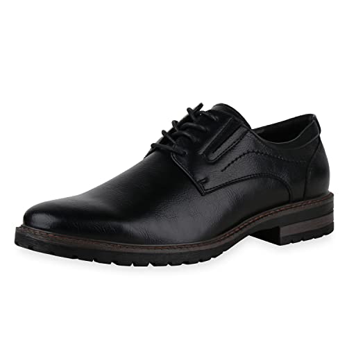 VAN HILL Herren Klassische Schnürer Blockabsatz Profilsohle Business Schuhe Lederoptik Schnürschuhe Elegante Freizeitschuhe 610490 Schwarz 44 von VAN HILL