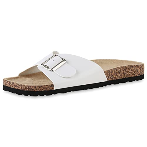 VAN HILL Herren Pantoletten Sandalen Flache Kork-Optik Schuhe Profilsohle Sommer-Sandalen Hausschuhe Bequeme Sommer Schlupf-Schuhe 206625 Weiss 40 von VAN HILL