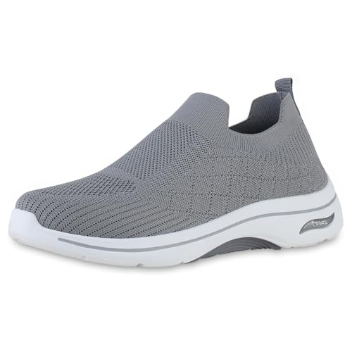 VAN HILL Herren Slip Ons Flach Strick Sportlich Schuhe 217037 Grau 42 von VAN HILL