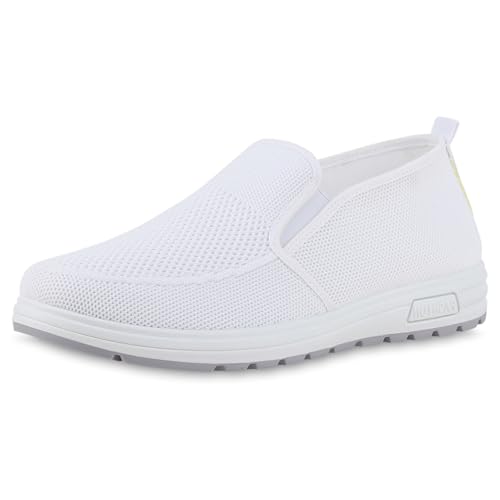 VAN HILL Herren Slip Ons Flach Strick Sportlich Schuhe 217327 Weiss 43 von VAN HILL
