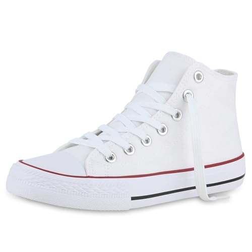 VAN HILL Herren Sneaker High Schnürer Bequeme Basic Freizeit Stoff Schuhe 611602 Weiss Rot 44 von VAN HILL