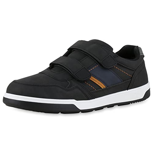 VAN HILL Herren Sneaker Low Bequeme Leder-Optik Klettverschluss Flache Schuhe Freizeitschuhe 210621 Schwarz Dunkelblau 44 von VAN HILL