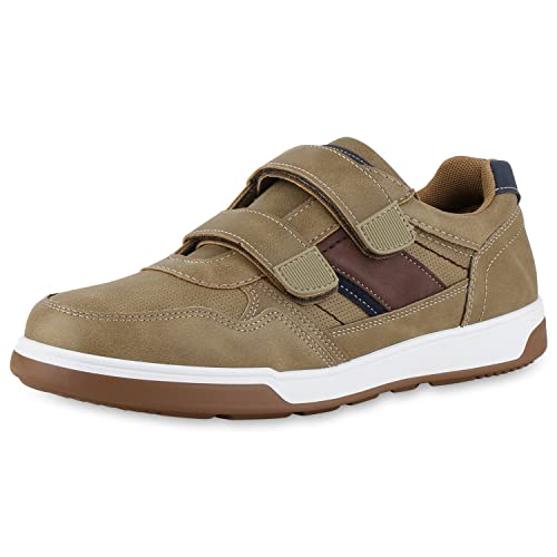 VAN HILL Herren Sneaker Low Bequeme Leder-Optik Klettverschluss Flache Schuhe Freizeitschuhe 210622 Khaki Dunkelblau 42 von VAN HILL