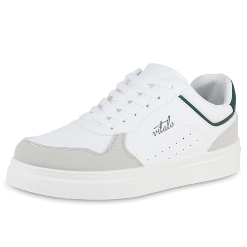 VAN HILL Herren Sneaker Low Flach Prints Bequem Schuhe 214401 Weiss Dunkelgrün 42 von VAN HILL