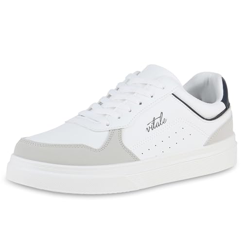 VAN HILL Herren Sneaker Low Flach Prints Bequem Schuhe 214402 Weiss Dunkelblau 40 von VAN HILL