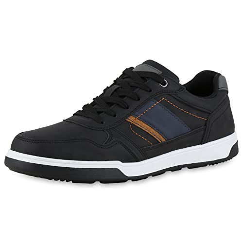 VAN HILL Herren Sneaker Low Flache Profilsohle Schuhe Bequeme Freizeit Schnürer Schnürschuhe 210618 Schwarz Dunkelblau 43 von VAN HILL