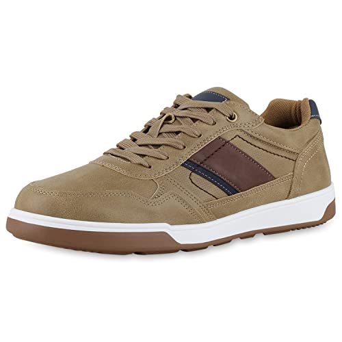 VAN HILL Herren Sneaker Low Flache Profilsohle Schuhe Bequeme Freizeit Schnürer Schnürschuhe 210619 Khaki Dunkelblau 42 von VAN HILL