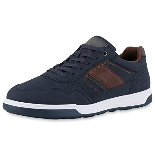 VAN HILL Herren Sneaker Low Flache Profilsohle Schuhe Bequeme Freizeit Schnürer Schnürschuhe 211565 Braun Dunkelblau 45 von VAN HILL