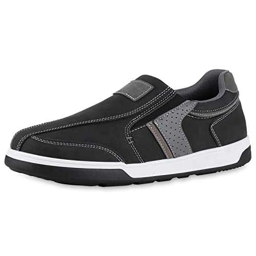 VAN HILL Herren Sneaker Slip Ons Bequeme Freizeit Leder-Optik Schuhe Flache Slippers Profilsohle Schlupfschuhe 210623 Schwarz Grau 44 von VAN HILL