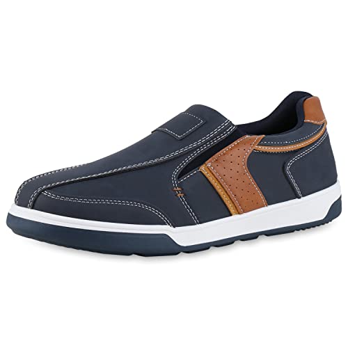 VAN HILL Herren Sneaker Slip Ons Bequeme Freizeit Leder-Optik Schuhe Flache Slippers Profilsohle Schlupfschuhe 210624 Dunkelblau Hellbraun 45 von VAN HILL