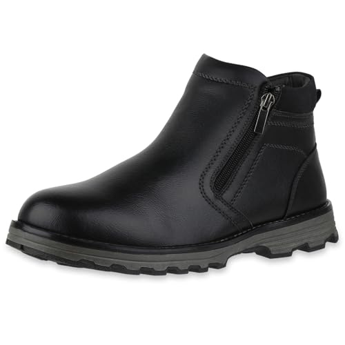 VAN HILL Herren Winter Boots Blockabsatz Profilsohle Bequem Schuhe 217832 Schwarz 45 von VAN HILL