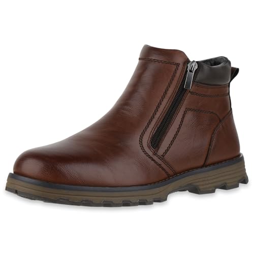 VAN HILL Herren Winter Boots Blockabsatz Profilsohle Bequem Schuhe 217833 Braun 43 von VAN HILL