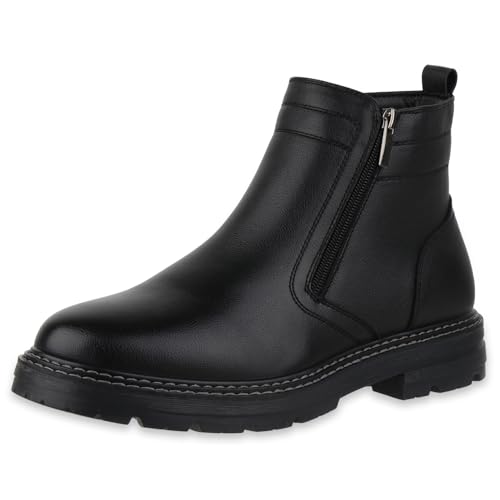 VAN HILL Herren Winter Boots Blockabsatz Profilsohle Bequem Schuhe 217834 Schwarz 45 von VAN HILL