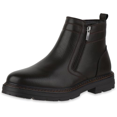 VAN HILL Herren Winter Boots Blockabsatz Profilsohle Bequem Schuhe 217835 Dunkelbraun 45 von VAN HILL