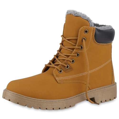 VAN HILL Herren Worker Boots Blockabsatz Profilsohle Bequem Schuhe 214089 Hellbraun 43 von VAN HILL