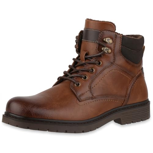 VAN HILL Herren Worker Boots Blockabsatz Profilsohle Bequem Schuhe 217826 Braun 42 von VAN HILL